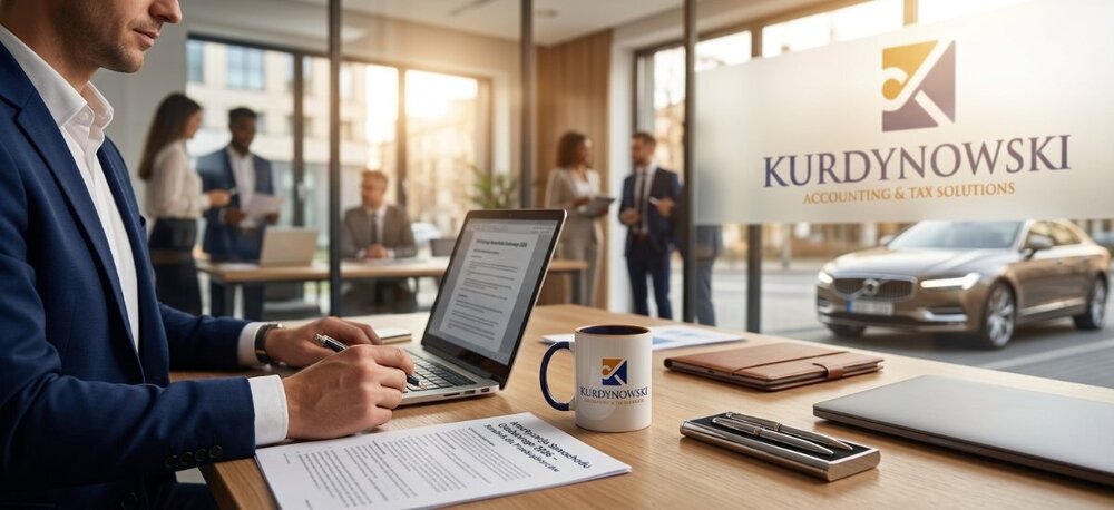 Księgowy w biurze rachunkowym Kurdynowski pracuje nad rozliczeniem amortyzacji samochodu osobowego – na biurku dokumenty, laptop i kubek z logo firmy