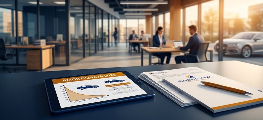 Tablet z wykresem amortyzacji samochodu osobowego 2026 i dokumenty z logo Biura Rachunkowego Kurdynowski na biurku – w tle konsultacja zespołu księgowego